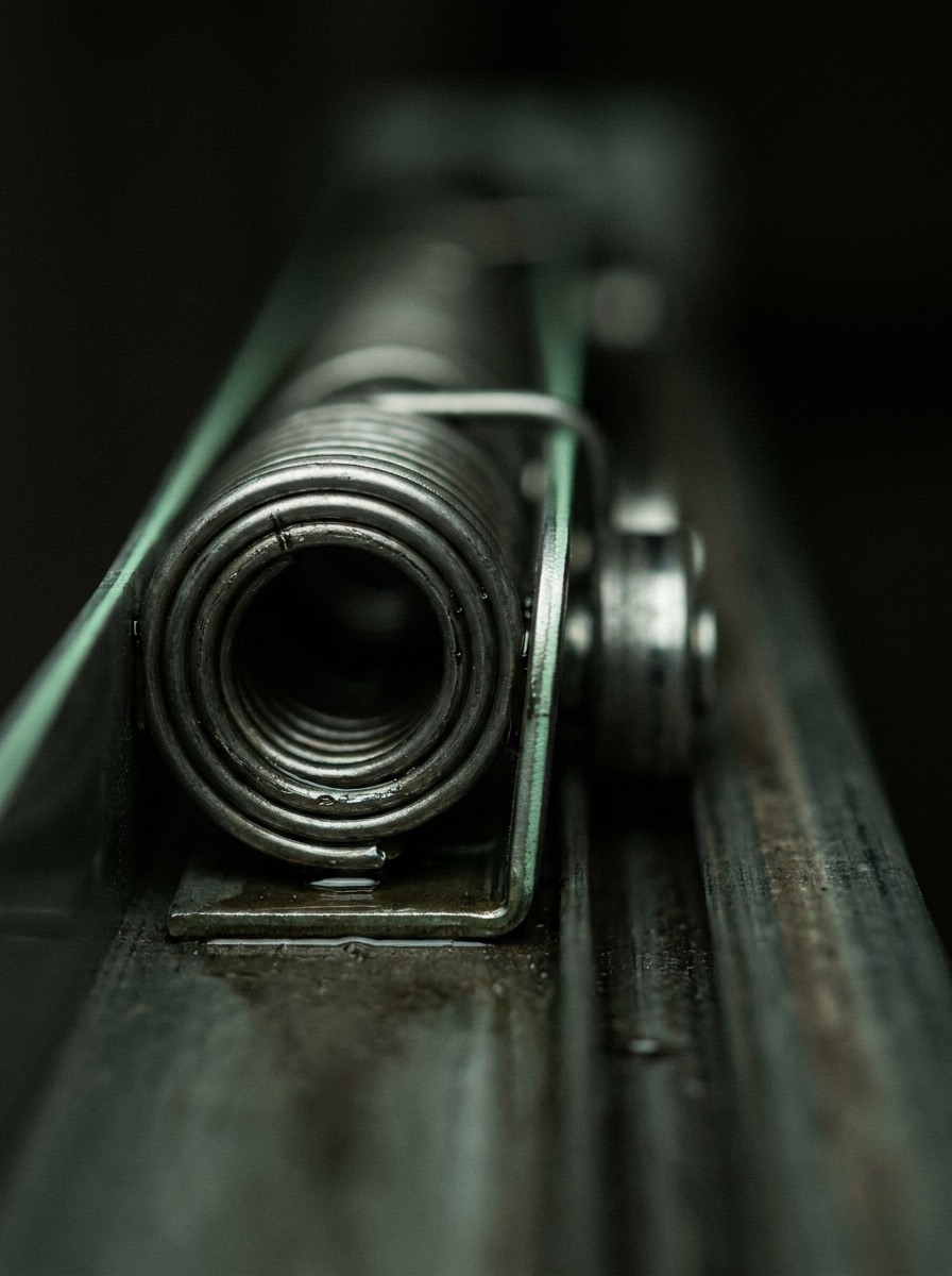 Macro detail of a garage door torsion spring and roller on its track, edge-lit in jade